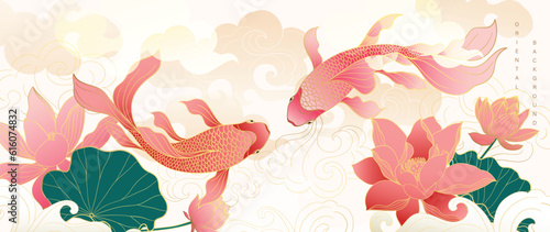Luxury gold oriental style background vector. Chinese and Japanese wallpaper pattern design of elegant goldfish, lotus flowers with gold line. Design illustration for decoration, wall decor.