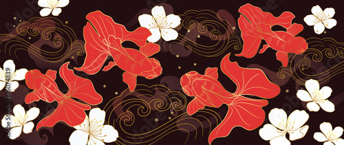 Luxury gold oriental style background vector. Chinese and Japanese wallpaper pattern design of elegant goldfish, flowers, sea wave with gold line. Design illustration for decoration, wall decor.