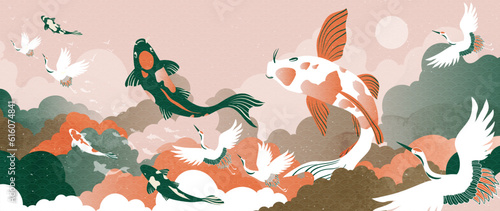 Luxury gold oriental style background vector. Chinese and Japanese wallpaper pattern design of elegant crane birds, koi fish with watercolor texture. Design illustration for decoration, wall decor. 