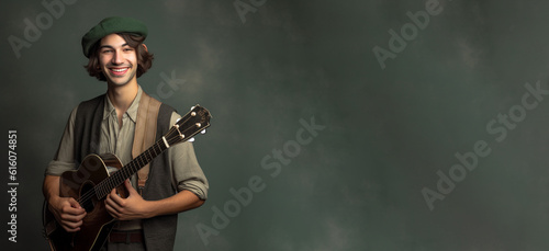 a smiling young men holding and playing a guitar in soft grey background generative ai photo