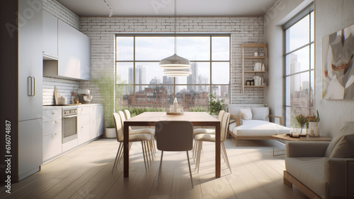A bright kitchen featuring the white brick interior and large windows that create a sense of openness and natural light. Photorealistic illustration, Generative AI © DIMENSIONS