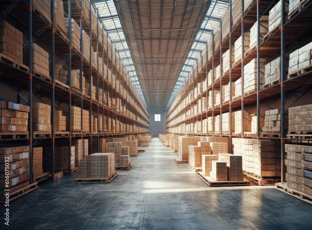 Rows of shelves with boxes. Interior of warehouse. created with Generative AI technology Rows of shelves with boxes. Interior of warehouse. created with Generative AI technology