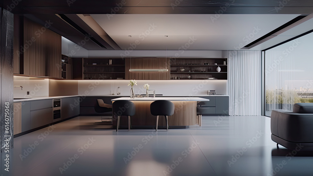 A spacious kitchen featuring a modern design with a harmonious blend of white, gray, wood, and marble elements. Photorealistic illustration, Generative AI A spacious kitchen featuring a modern design with a harmonious blend of white, gray, wood, and marble elements. Photorealistic illustration, Generative AI