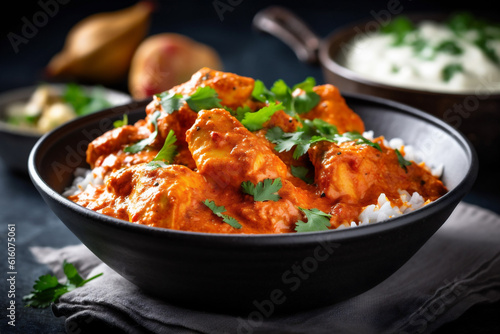 chicken asian rice indian dark traditional sauce garnish hot background masala. Generative AI. photo