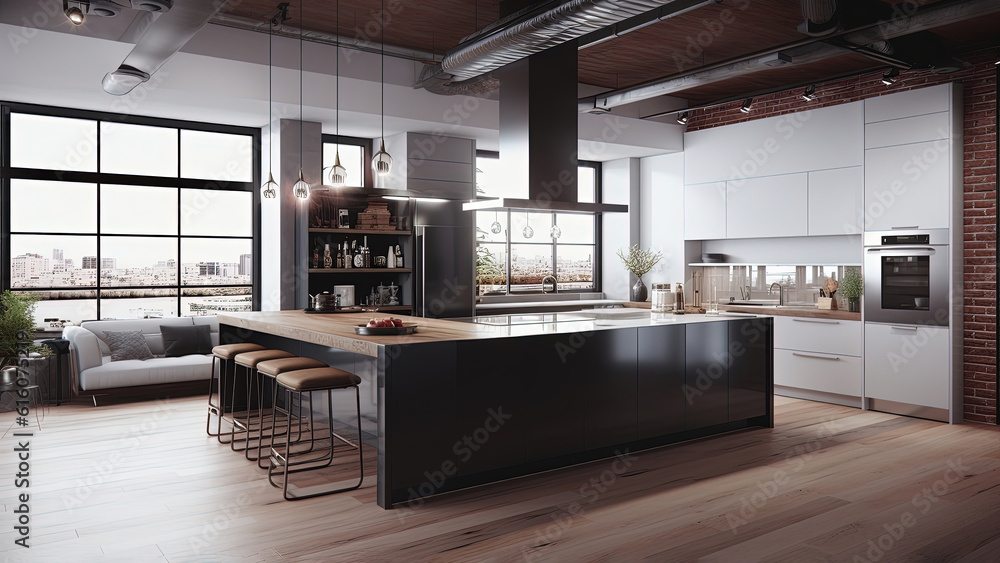 Naklejka premium A sunlit loft kitchen adorned with a red brick wall, complemented by white built-ins, and accentuated by wood furniture. Photorealistic illustration, Generative AI