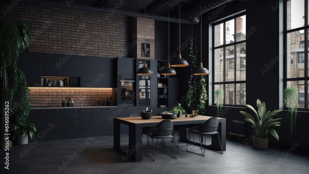 A sunlit kitchen with a brick wall, boasting black built-ins and wood accents, creating a blend of industrial and natural elements. Photorealistic illustration, Generative AI
