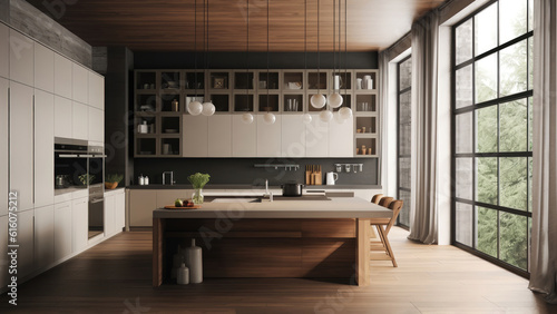 A sunlit kitchen adorned with an interior featuring a combination of white  black  gray  and wood finish elements. Photorealistic illustration  Generative AI