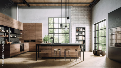 A bright kitchen with a modern-industrial feel  boasting a concrete interior with a brick wall  complemented by black framed windows  and wood built-ins. Photorealistic illustration  Generative AI