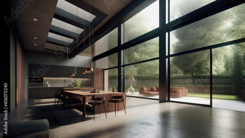 A generously sized kitchen, connected to the backyard, featuring a concrete interior adorned with black accents and wood finishes. Photorealistic illustration, Generative AI © DIMENSIONS