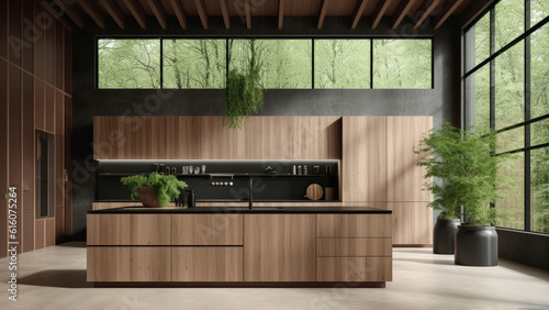 A bright kitchen with concrete walls, wood finish built-ins, and black accents, creating a blend of industrial and natural aesthetics. Photorealistic illustration, Generative AI