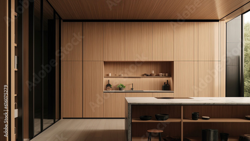 A minimalist kitchen with an all-wood interior and a marble countertop, exuding simplicity and elegance. Photorealistic illustration, Generative AI