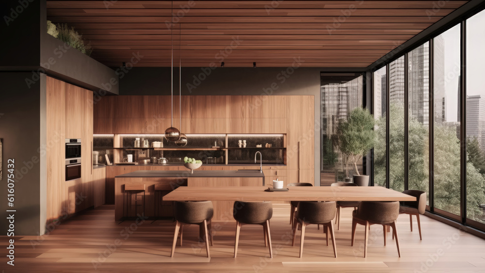A bright kitchen with wood finish built-ins and a wooden dining table and chairs, offering a stunning city view to enjoy while dining and cooking. Photorealistic illustration, Generative AI
