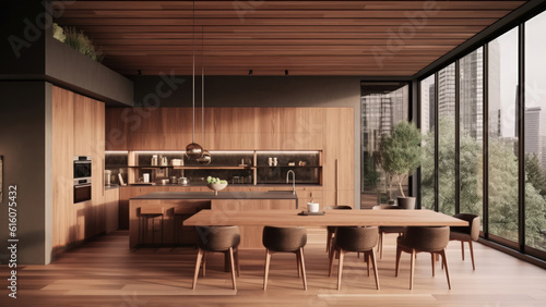 A bright kitchen with wood finish built-ins and a wooden dining table and chairs  offering a stunning city view to enjoy while dining and cooking. Photorealistic illustration  Generative AI