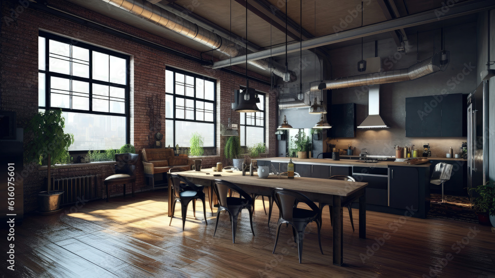 A sunlit loft kitchen featuring a red brick wall and contemporary built-ins combining black and wood finishes. Photorealistic illustration, Generative AI