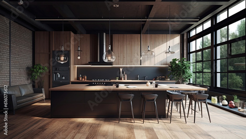 A sunlit kitchen with a brick wall and wood finish built-ins complemented by black accents  creating a warm and contemporary ambiance. Photorealistic illustration  Generative AI