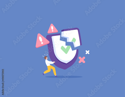 failed protection and security. warning of unnatural on Security . corrupted or error protection system. A man panicked because the shield was damaged by the attack. illustration concept design.  ui