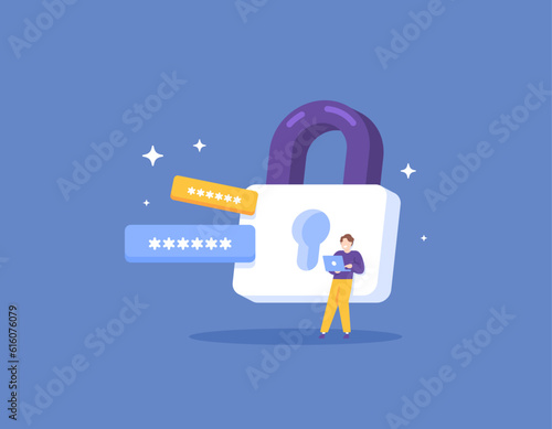 Protection and security system. Security Center. Passwords and account privacy. A man operates or uses his laptop. padlock and user. service and secure. illustration concept design. vector elements