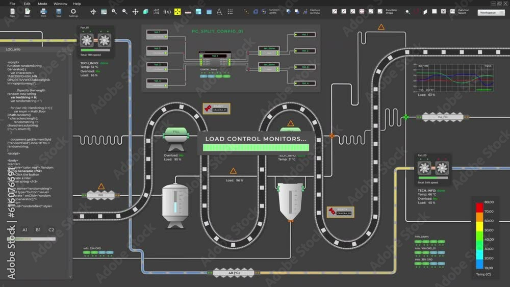 Futuristic software inspecting the good movement on the production conveyor. Software analysing the product packages on a conveyor. Software checking the quality of product transported on a conveyor. Futuristic software inspecting the good movement on the production conveyor. Software analysing the product packages on a conveyor. Software checking the quality of product transported on a conveyor.