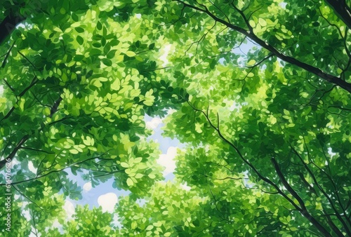 Closeup of Nature view of green leaves that have been eaten by a worm on blurred greenery background in forest