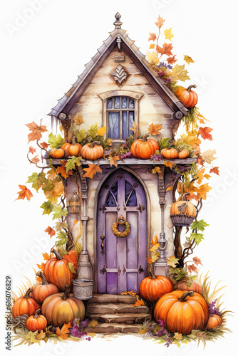 watercolor and colored pencil illustration of a quaint front door at halloween  ai generative