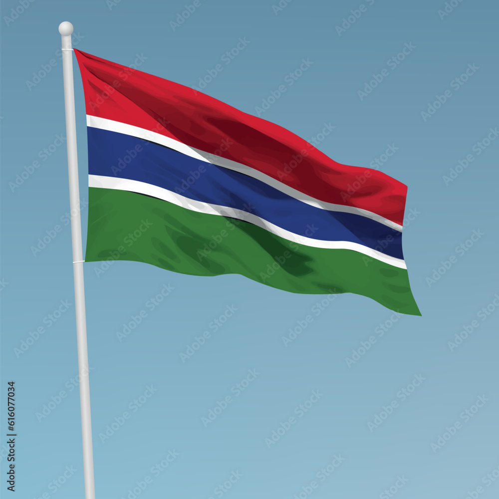 Waving flag of Gambia on flagpole. Template for independence day Waving flag of Gambia on flagpole. Template for independence day