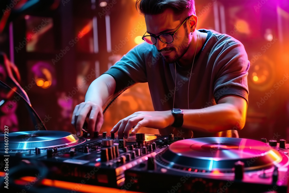 A dj mixing music in front of colorful lights
