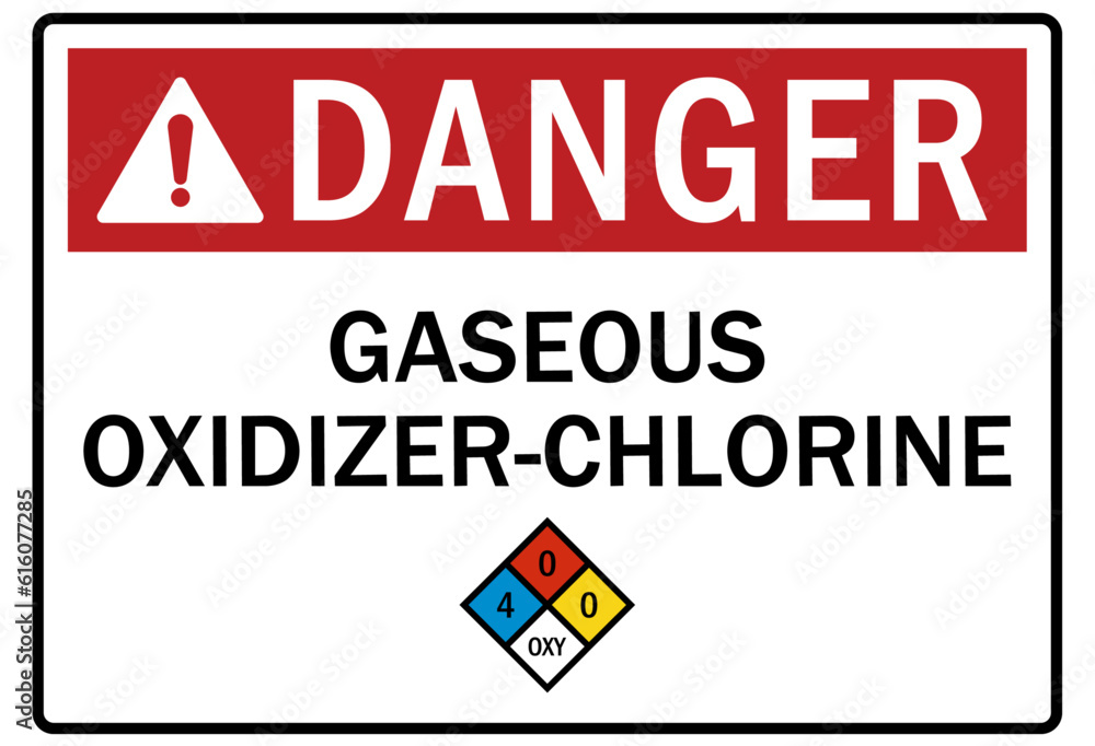 Pool chemical hazard sign and labels gaseous oxidizing chlorine Stock