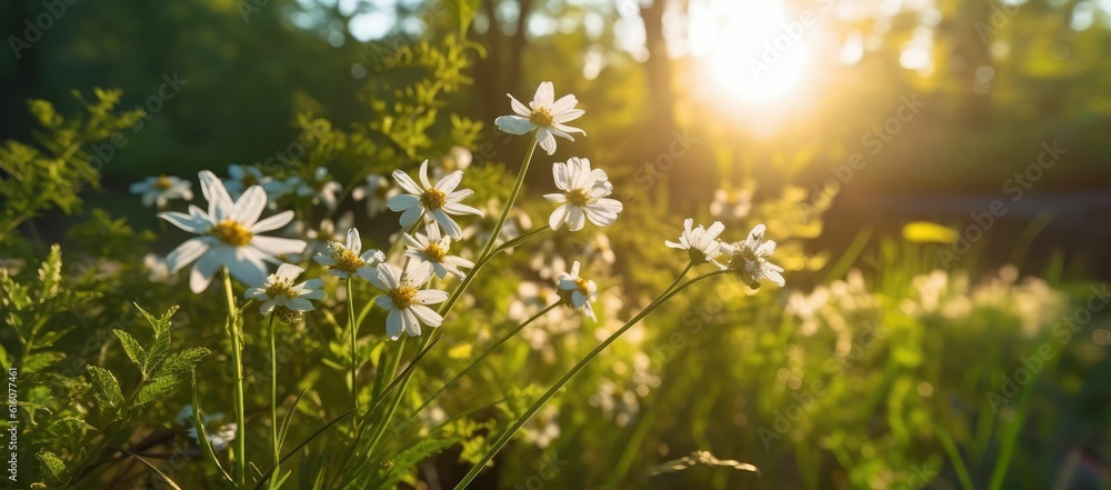 Fototapeta premium Spring delicate flowers on a green glade in the shade of a forest. Sunny bokeh and soft light