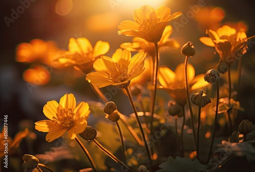 field of yellow flowers at sunset