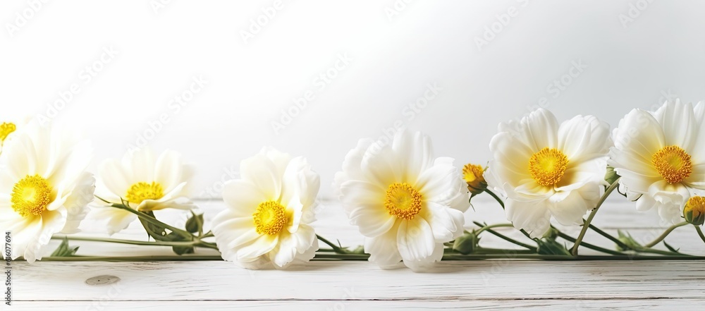 Fototapeta premium bouquet of fresh flowers on a wooden table. Neutral trendy colors interior decoration .