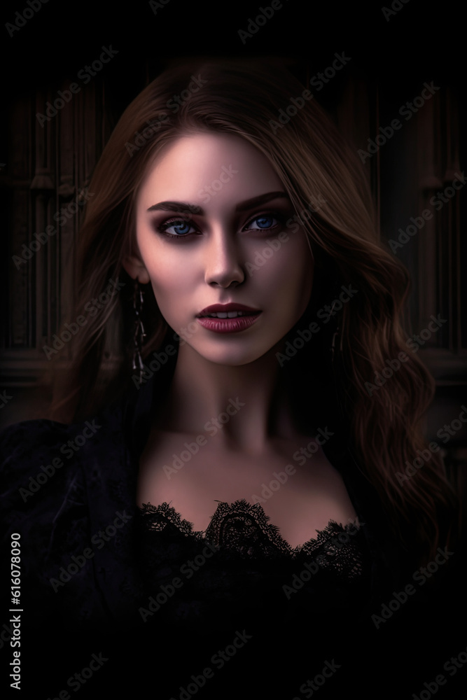Attractive female vampire on a black background. Cover for a vampire novel. Vertical Generative AI illustration. Attractive female vampire on a black background. Cover for a vampire novel. Vertical Generative AI illustration.