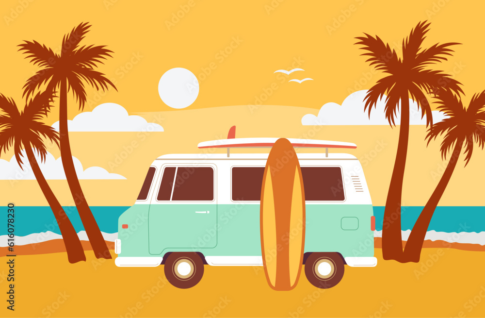 Retro mini van with a surfboard on the beach vector illustration ...
