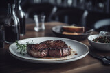 Delicious steak dish on restaurant table, closeup