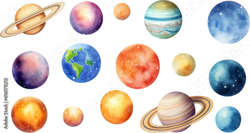 planets set in the style of photo-realistic compositions, rtx on, realistic watercolor paintings, lightbox, saturno butto, transcendent © EnelEva