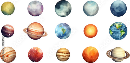 planets set in the style of photo-realistic compositions, rtx on, realistic watercolor paintings, lightbox, saturno butto, transcendent
