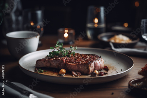 Delicious steak dish on restaurant table, closeup