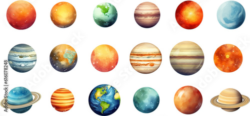 planets set in the style of photo-realistic compositions, rtx on, realistic watercolor paintings, lightbox, saturno butto, transcendent