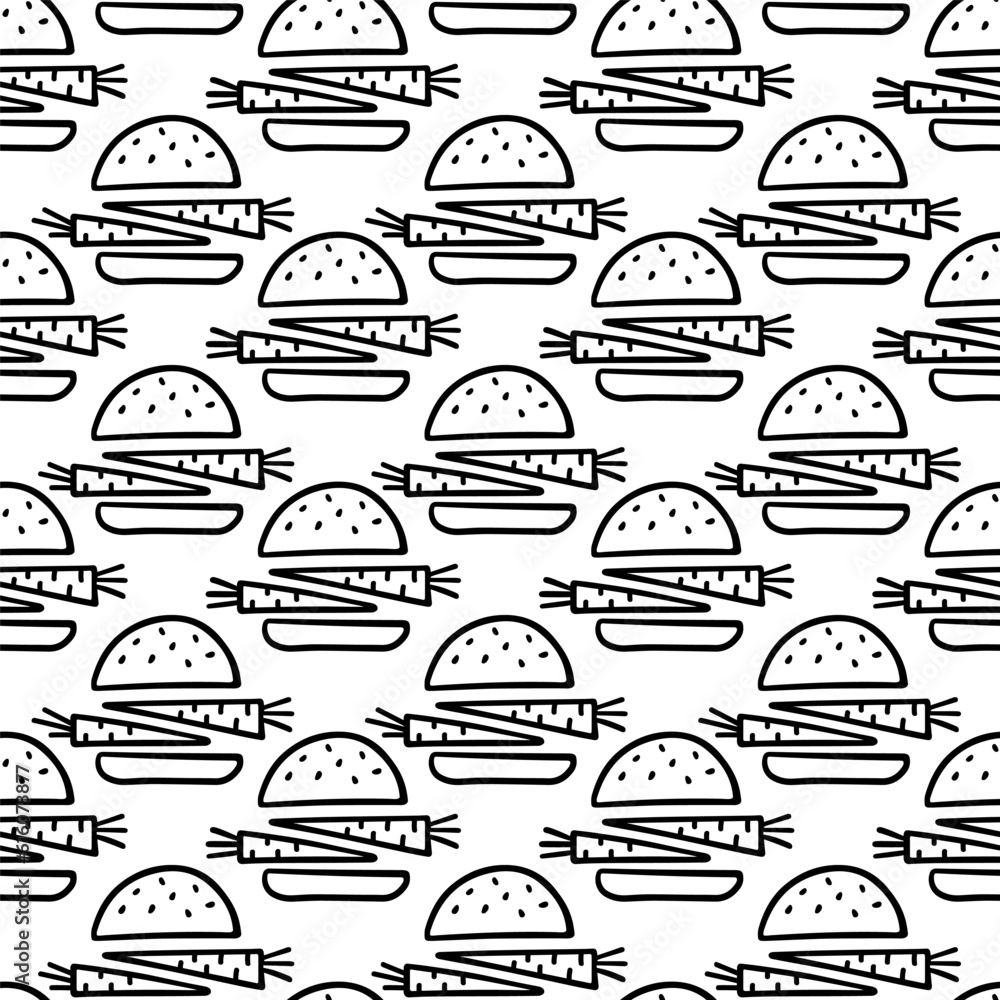 monochrome linear abstract vege vegan seamless pattern with doodle elements isolated on white background for web and print