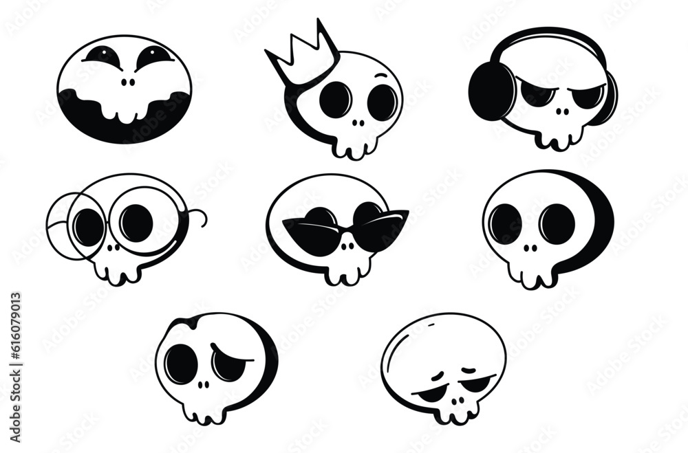 Set of funny stickers with emotional skulls on an insulated white background. Set of funny stickers with emotional skulls on an insulated white background.