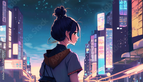 Lonely anime girl looking at the night city. AI generated image.