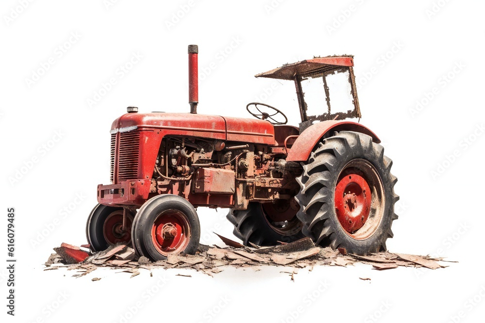Disabled old tractor on white background Generative AI Disabled old tractor on white background Generative AI