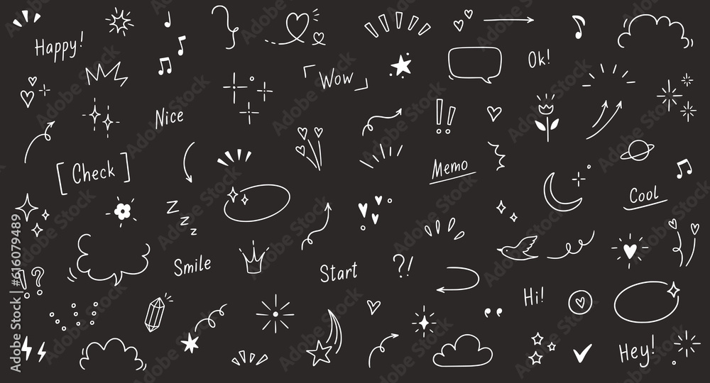 Doodle cute heart, glitter pen line elements on chalkboard. Doodle heart, arrow, star, sparkle decoration symbol set icon. Simple sketch line style emphasis, glitter star. Vector illustration Doodle cute heart, glitter pen line elements on chalkboard. Doodle heart, arrow, star, sparkle decoration symbol set icon. Simple sketch line style emphasis, glitter star. Vector illustration