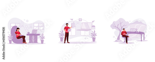 Female students were studying in cafes. Male freelancer working on a laptop and sending business messages. Freelancer working leisurely with a cup of coffee. Trend Modern vector flat illustration.