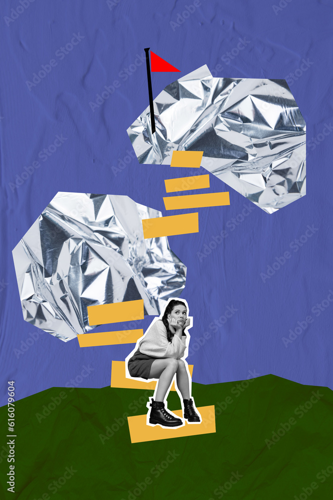 Vertical collage image of black white colors unsatisfied girl sit stairs contemplate lacking motivation climb mountain top aim flag