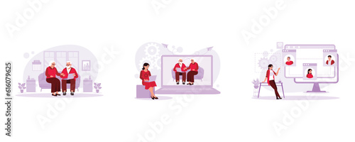 An elderly couple sat together on the sofa, watching a funny video. Young women are sitting and communicating with grandparents via video call. View of businesswomen having online meetings. Trend Mode