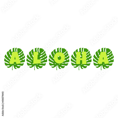Logo vacaciones en Hawái. Letras de la palabra aloha con letras estilo hawaiano con silueta de hojas de monstera