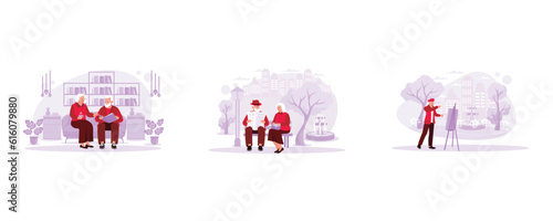 Elderly couples spend time together in the living room looking at albums. Elderly couple sitting together in the park. Old male painter painting on canvas in the garden. Trend Modern vector flat illus