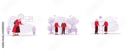 Grandson's moment was hugging grandma, an elderly couple spending time together in the park with the help of a walker. Elderly couples devote time on the beach together and look at each other. Trend M