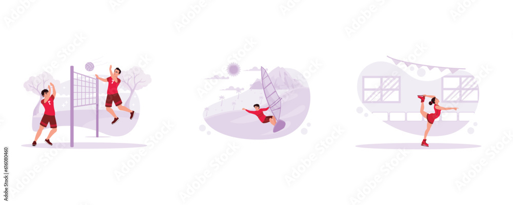 Professional volleyball players. Young surfers in action in the ocean. Female doctors look stunning on the ice. Trend Modern vector flat illustration.