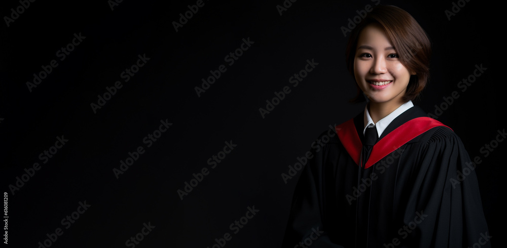 Fototapeta premium a smiling young woman wearing a prosecutor's robe clothes in black background generative ai